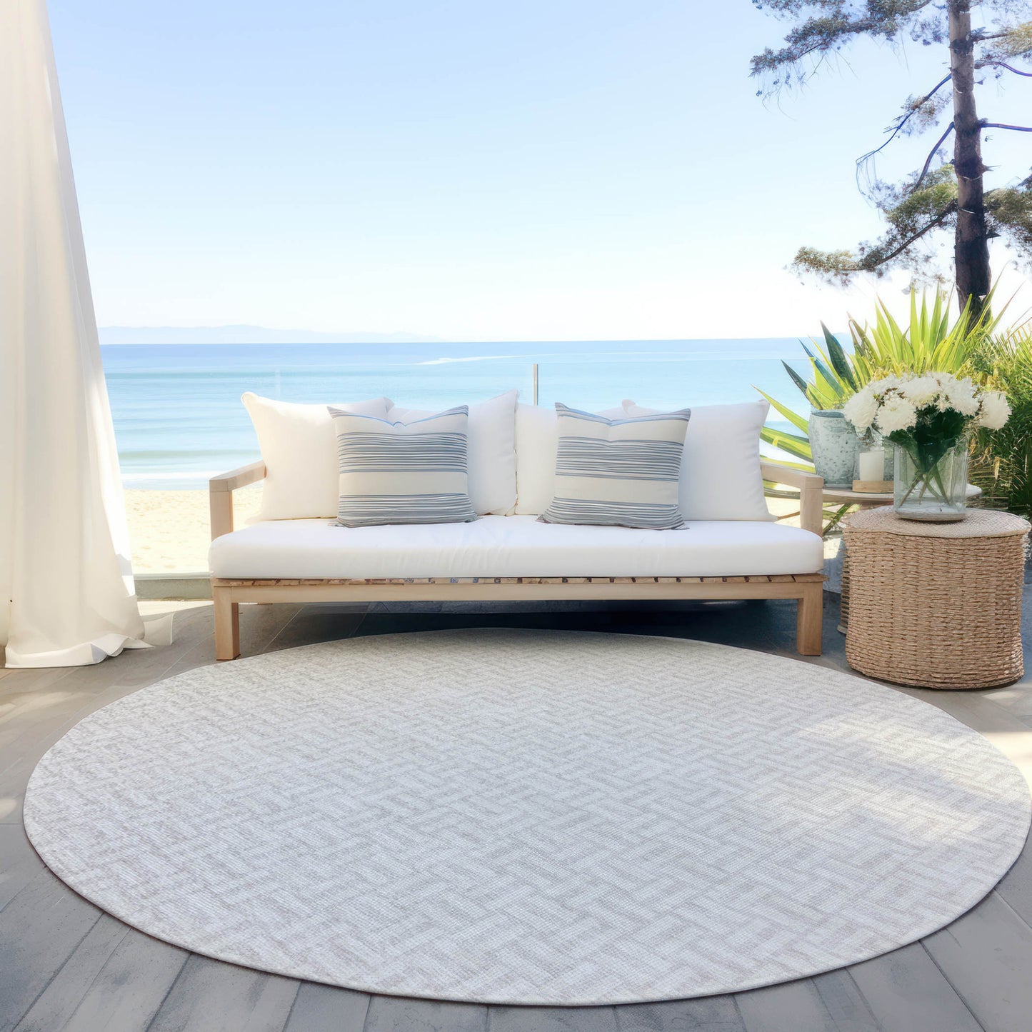 Tabselect Home Line 8' Ivory And Silver Round Geometric Washable Indoor Outdoor Area Rug
