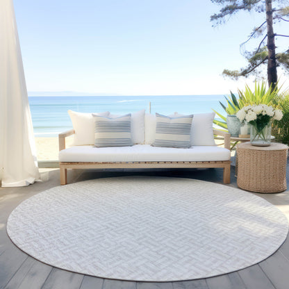 Tabselect Home Line 8' Ivory And Silver Round Geometric Washable Indoor Outdoor Area Rug