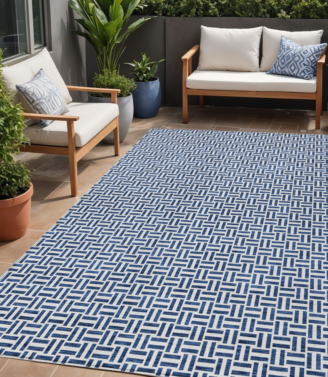 Tabselect Home Line 5' X 8' Navy Blue And Gray Geometric Washable Indoor Outdoor Area Rug