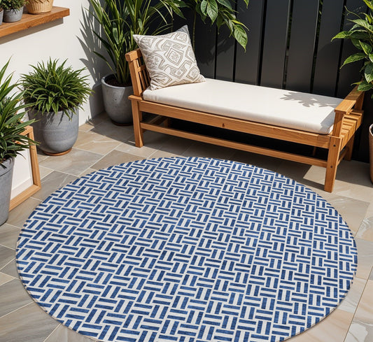 Tabselect Home Line 8' Navy Blue And Gray Round Geometric Washable Indoor Outdoor Area Rug