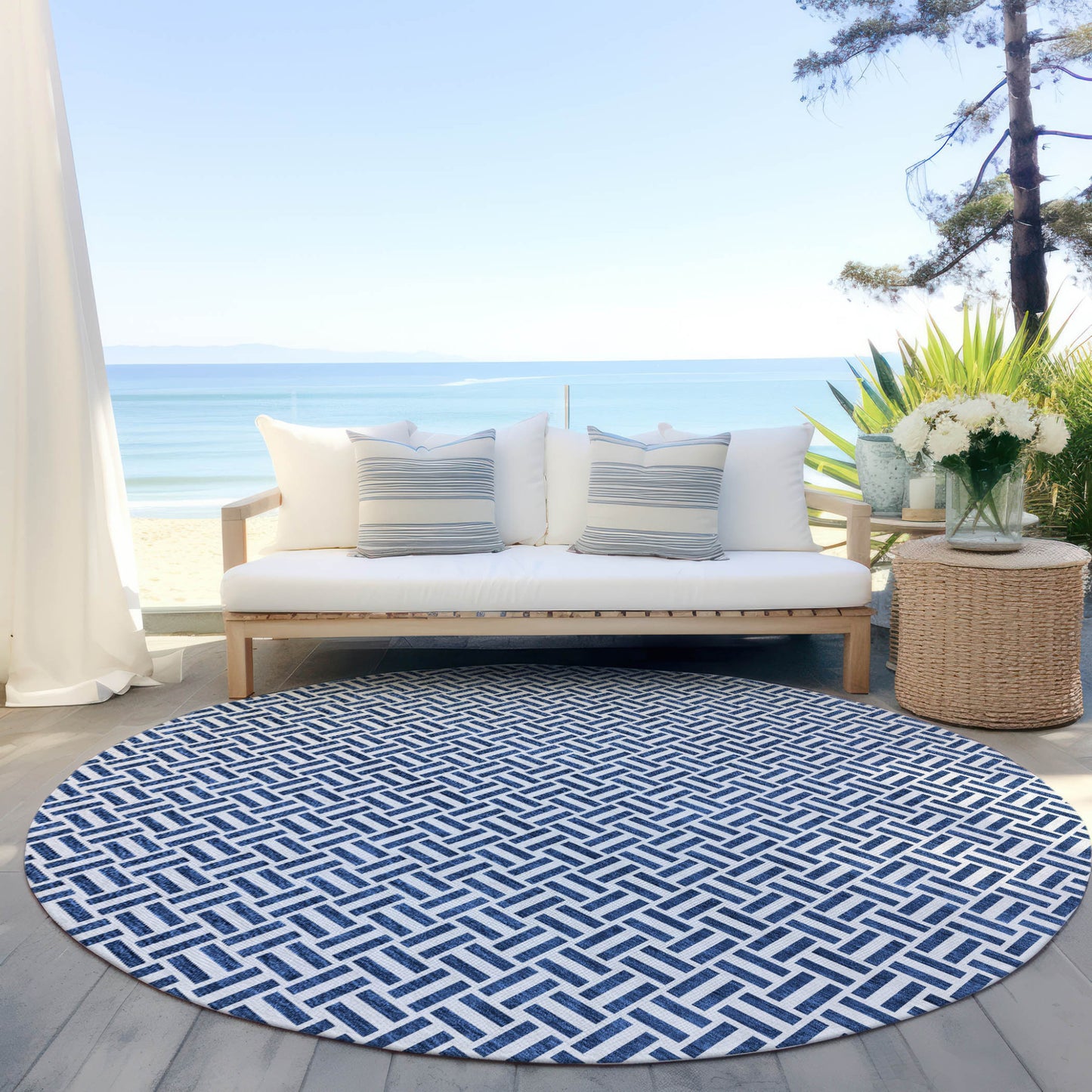 Tabselect Home Line 8' Navy Blue And Gray Round Geometric Washable Indoor Outdoor Area Rug