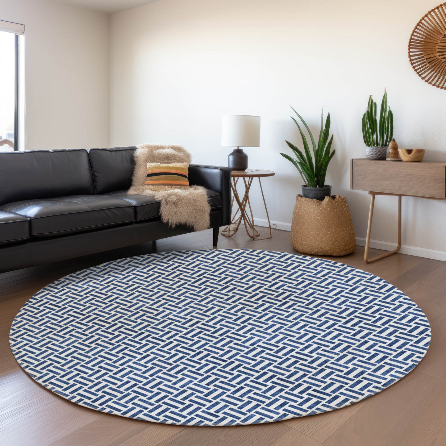 Tabselect Home Line 8' Navy Blue And Gray Round Geometric Washable Indoor Outdoor Area Rug