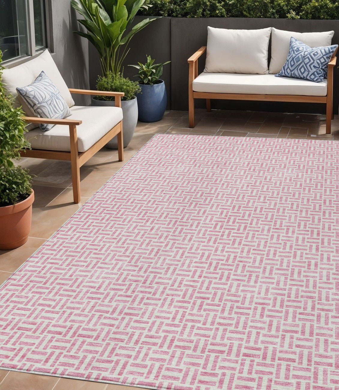 Tabselect Home Line 5' X 8' Pink And Silver Geometric Washable Indoor Outdoor Area Rug