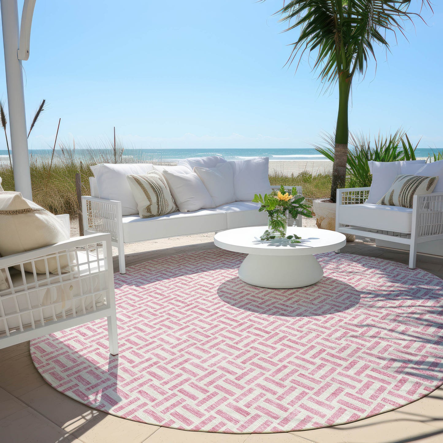 Tabselect Home Line 8' Pink And Silver Round Geometric Washable Indoor Outdoor Area Rug