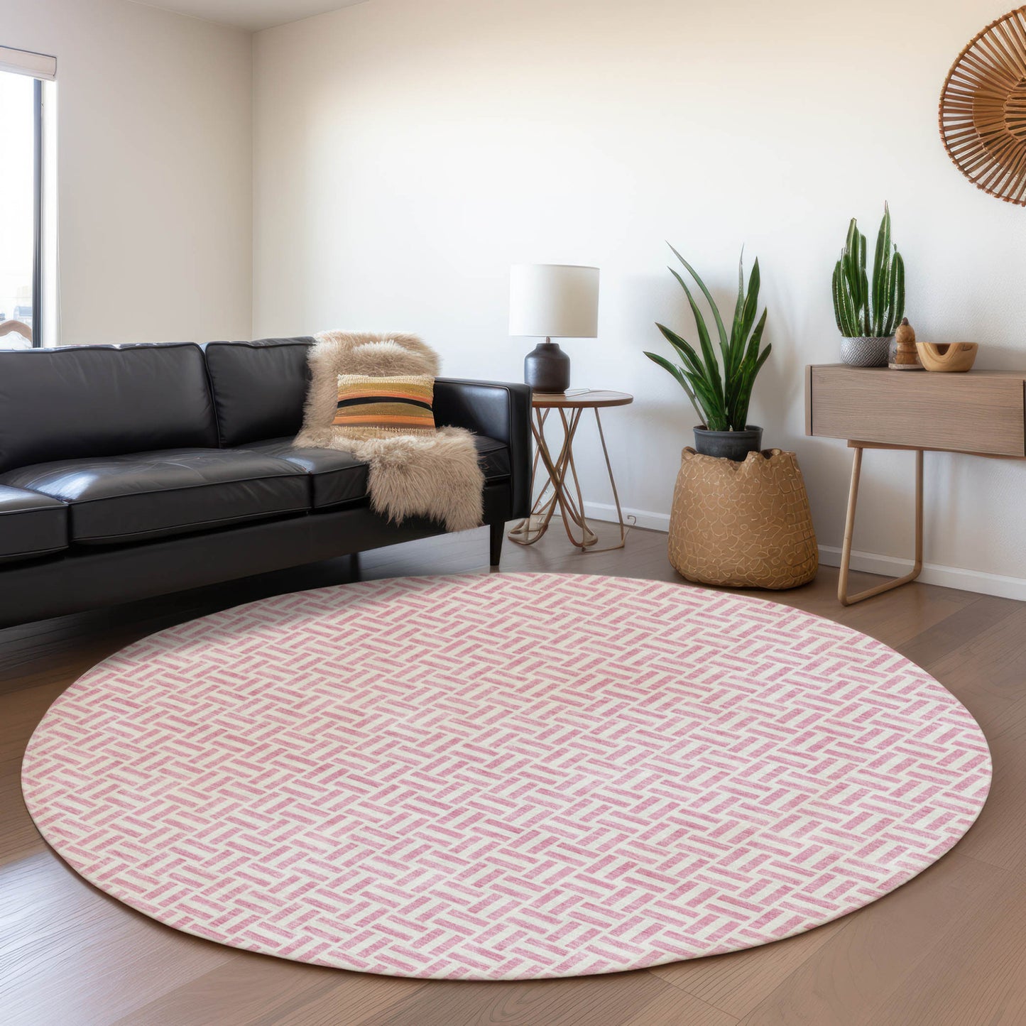 Tabselect Home Line 8' Pink And Silver Round Geometric Washable Indoor Outdoor Area Rug
