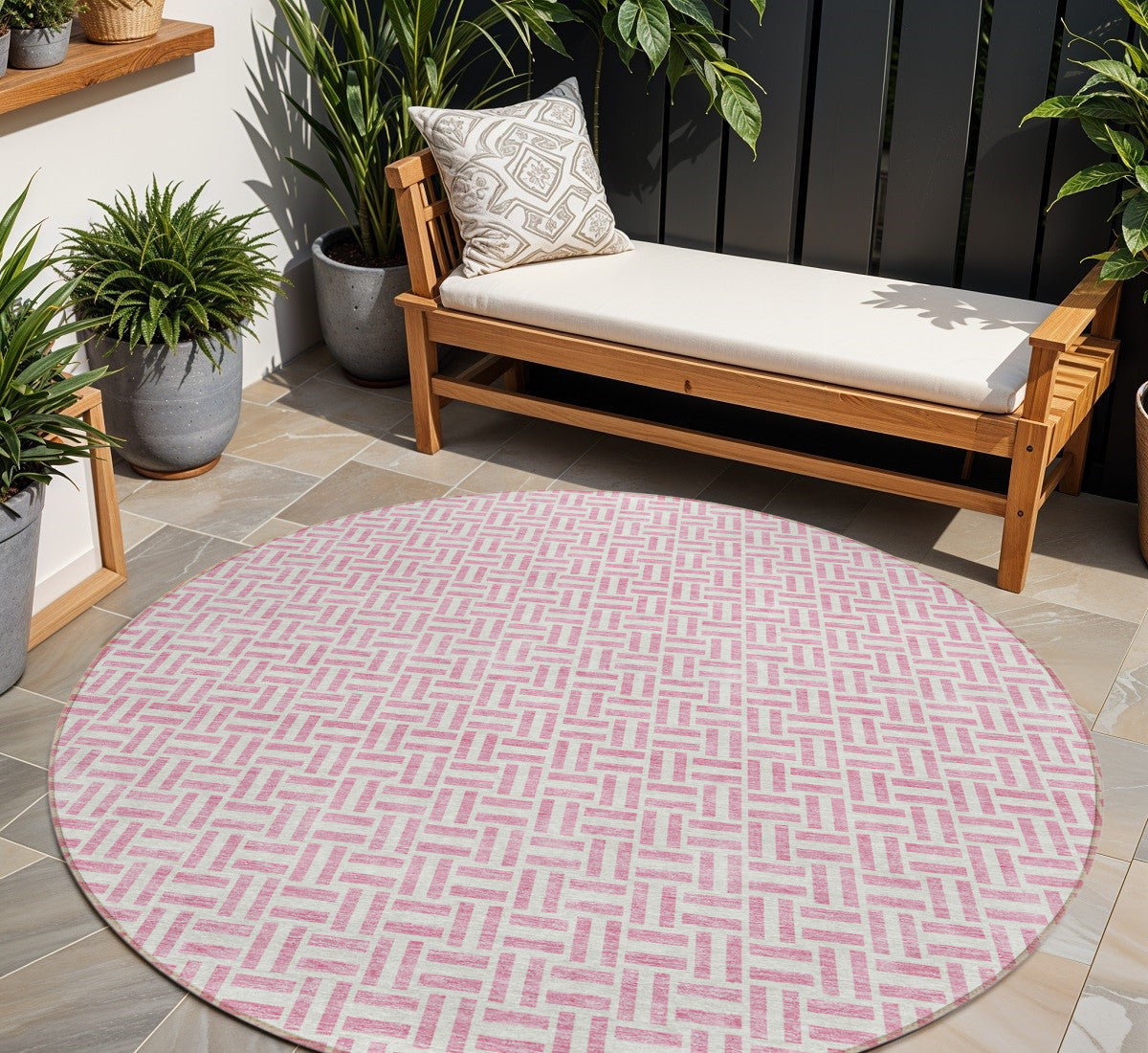 Tabselect Home Line 8' Pink And Silver Round Geometric Washable Indoor Outdoor Area Rug