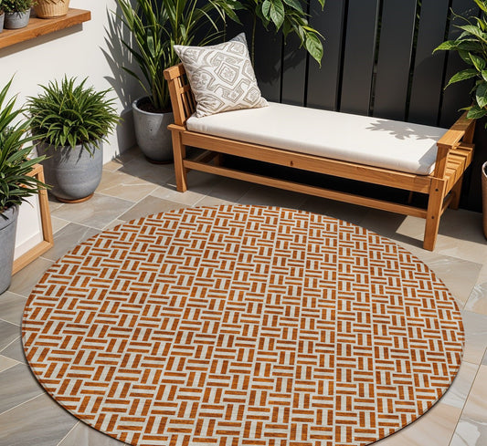 Tabselect Home Line 8' Copper And Beige Round Geometric Washable Indoor Outdoor Area Rug
