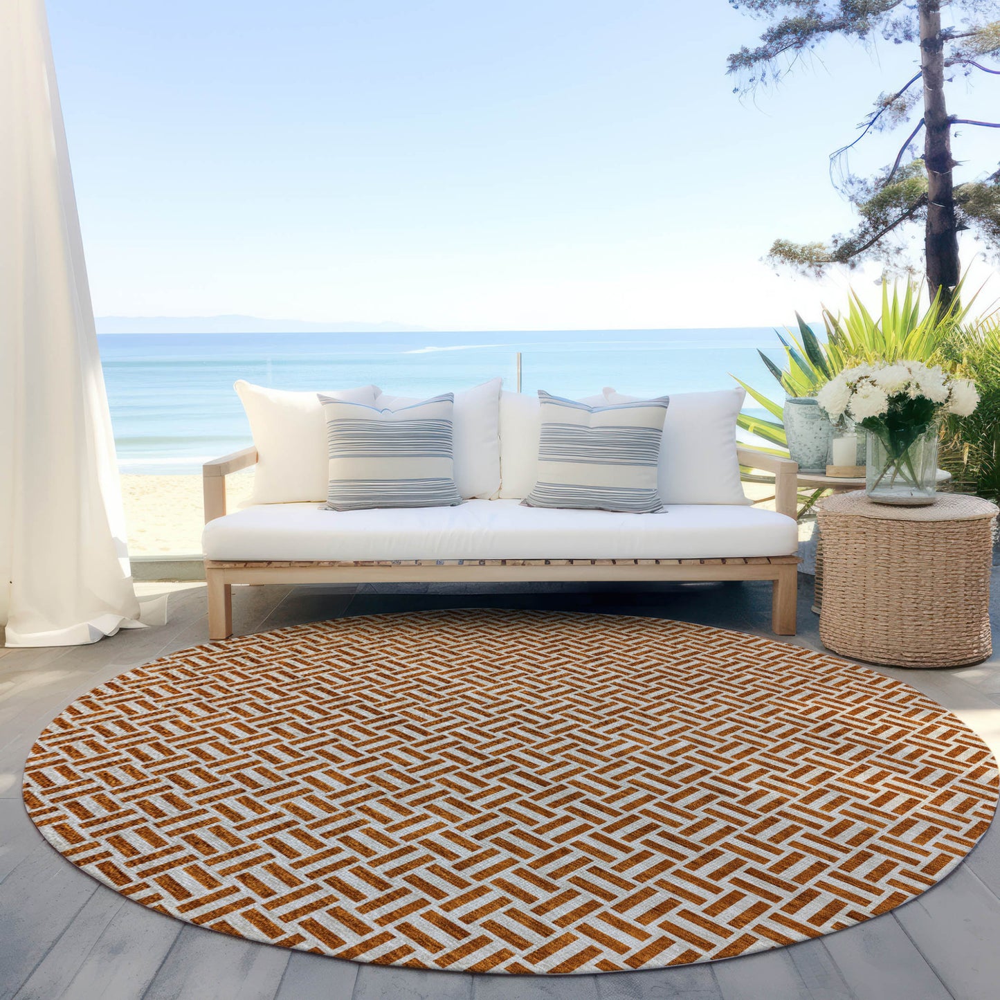 Tabselect Home Line 8' Copper And Beige Round Geometric Washable Indoor Outdoor Area Rug