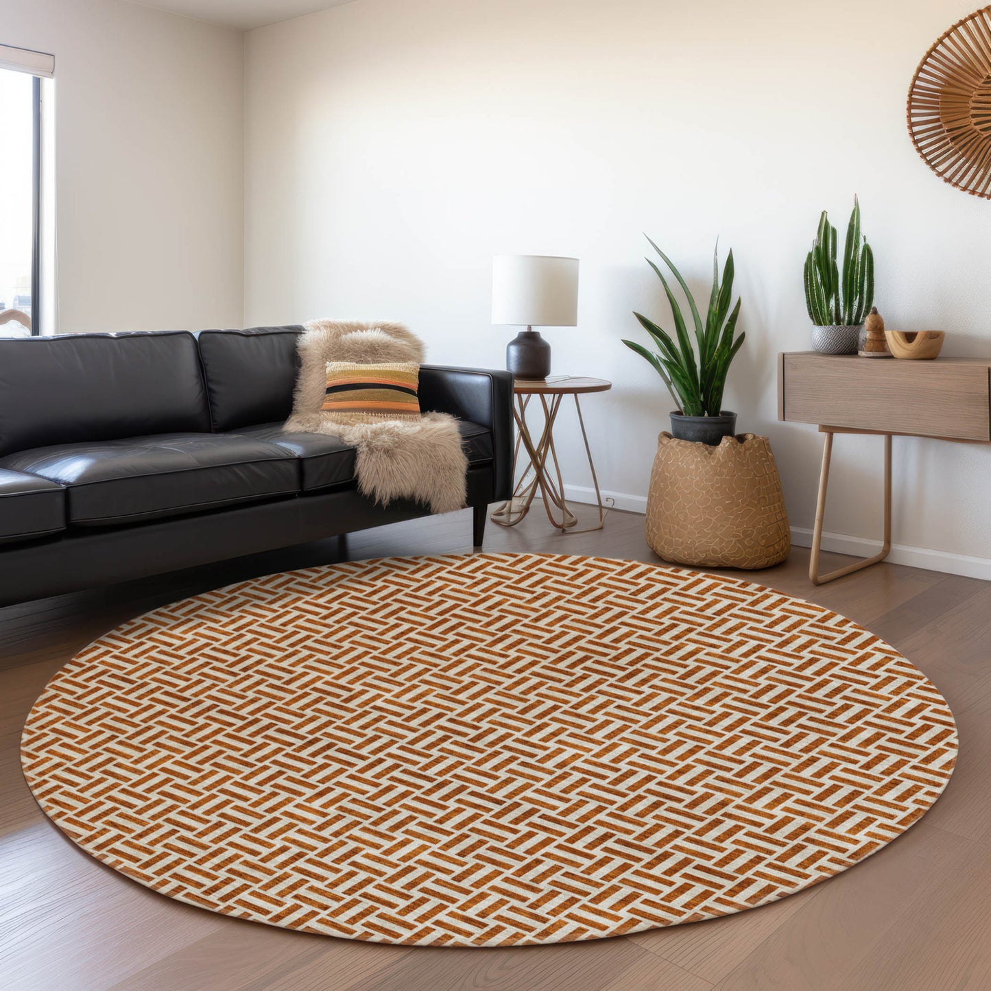 Tabselect Home Line 8' Copper And Beige Round Geometric Washable Indoor Outdoor Area Rug