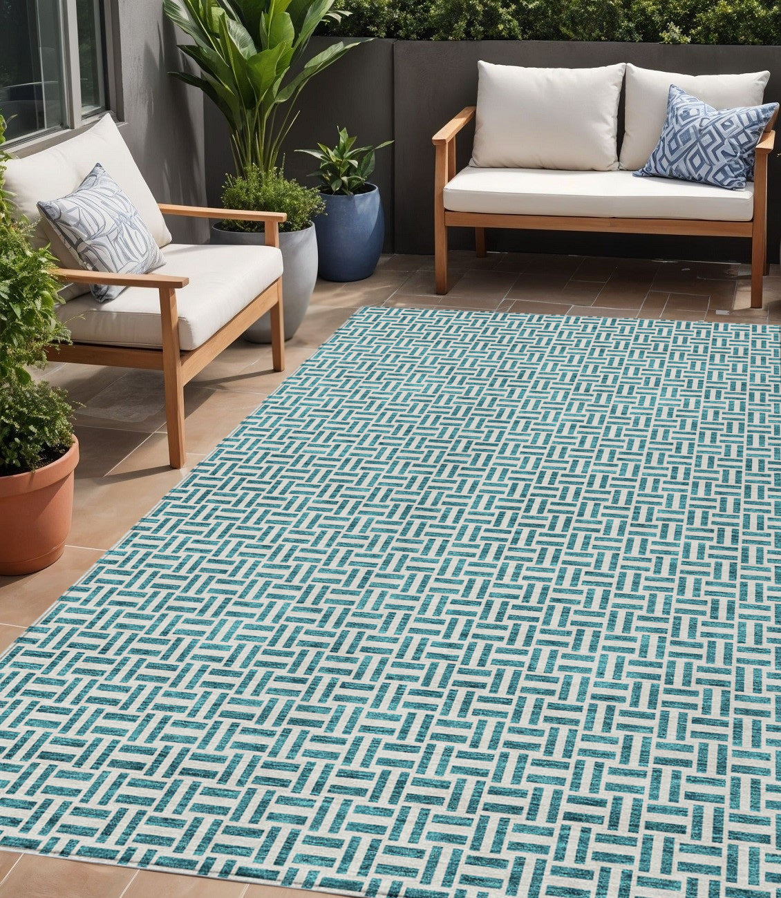 Tabselect Home Line 5' X 8' Teal Blue And Silver Geometric Washable Indoor Outdoor Area Rug
