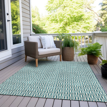 Tabselect Home Line 5' X 8' Teal Blue And Silver Geometric Washable Indoor Outdoor Area Rug