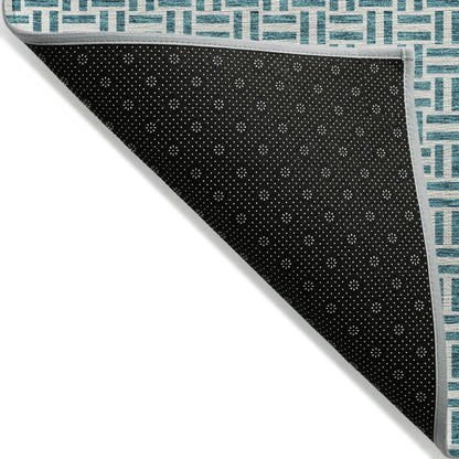 Tabselect Home Line 5' X 8' Teal Blue And Silver Geometric Washable Indoor Outdoor Area Rug