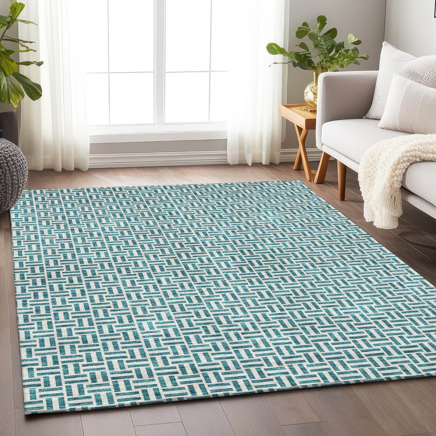 Tabselect Home Line 5' X 8' Teal Blue And Silver Geometric Washable Indoor Outdoor Area Rug