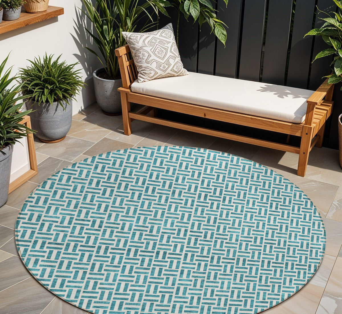 Tabselect Home Line 8' Teal Blue And Silver Round Geometric Washable Indoor Outdoor Area Rug
