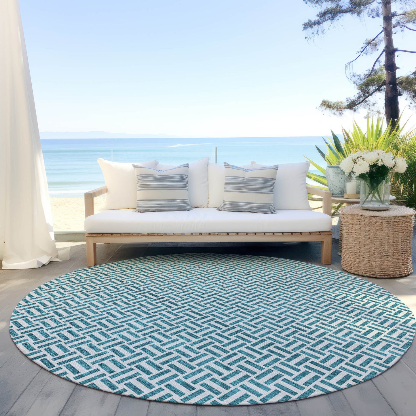 Tabselect Home Line 8' Teal Blue And Silver Round Geometric Washable Indoor Outdoor Area Rug