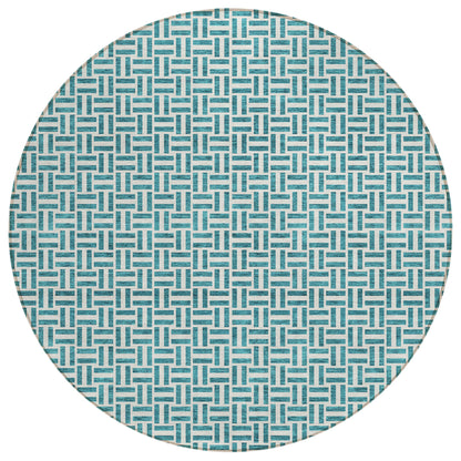 Tabselect Home Line 8' Teal Blue And Silver Round Geometric Washable Indoor Outdoor Area Rug