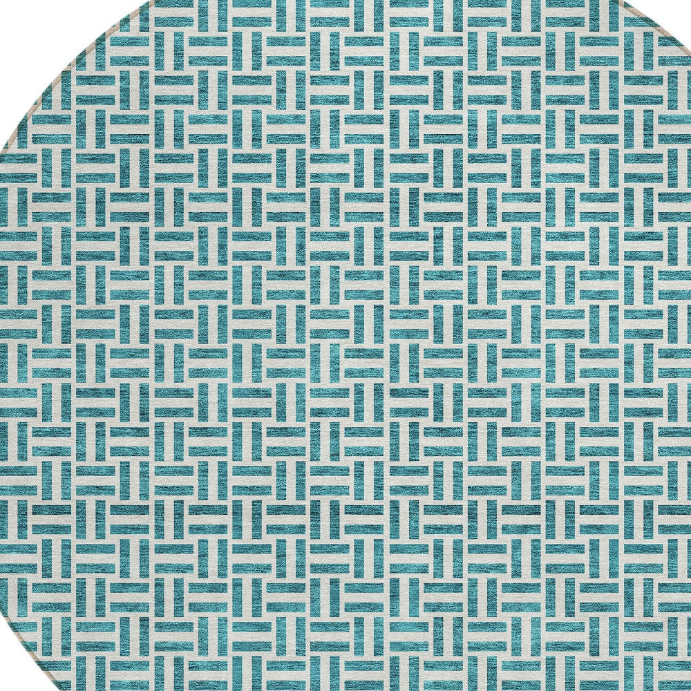 Tabselect Home Line 8' Teal Blue And Silver Round Geometric Washable Indoor Outdoor Area Rug