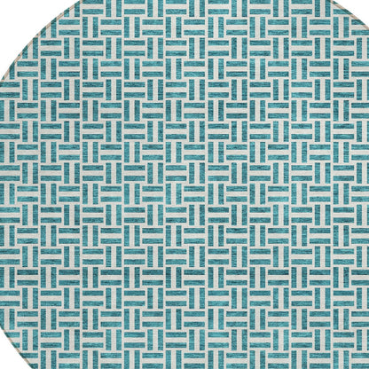 Tabselect Home Line 8' Teal Blue And Silver Round Geometric Washable Indoor Outdoor Area Rug