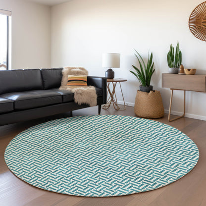 Tabselect Home Line 8' Teal Blue And Silver Round Geometric Washable Indoor Outdoor Area Rug