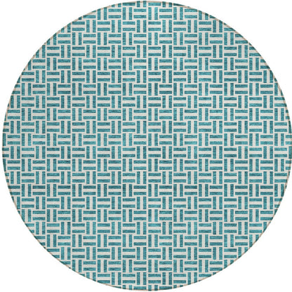 Tabselect Home Line 8' Teal Blue And Silver Round Geometric Washable Indoor Outdoor Area Rug