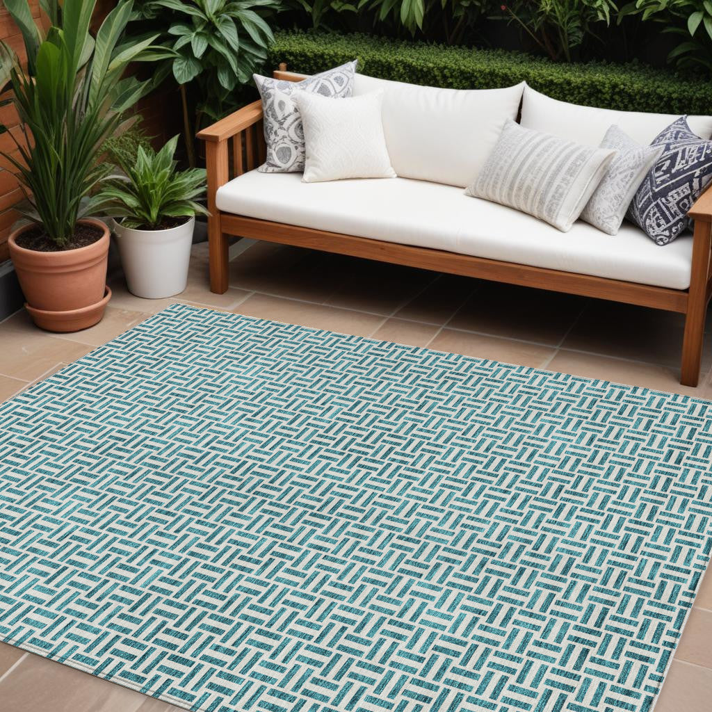 Tabselect Home Line 8' X 10' Teal Blue And Silver Geometric Washable Indoor Outdoor Area Rug