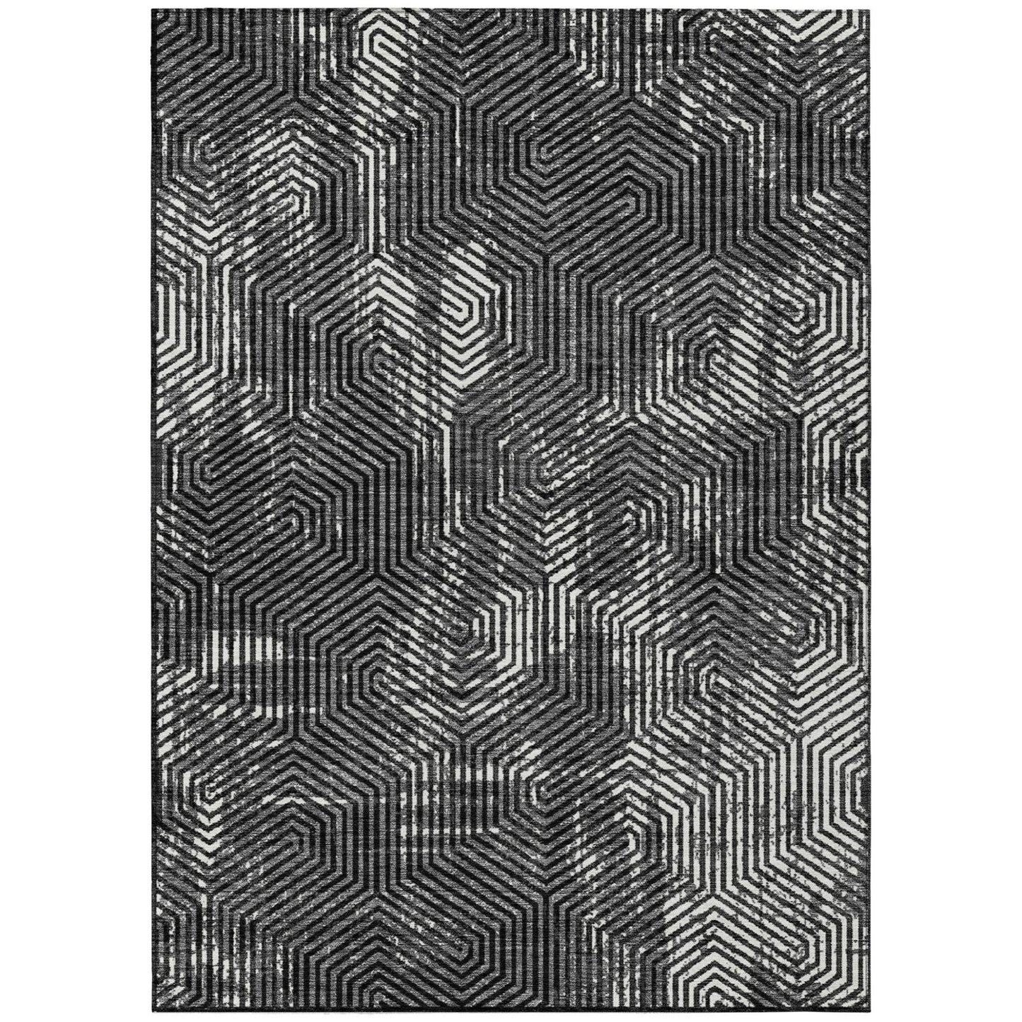 Tabselect Home Line 5' X 8' Black And Ivory Geometric Washable Indoor Outdoor Area Rug