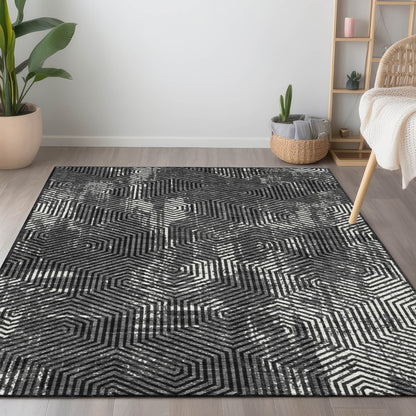 Tabselect Home Line 5' X 8' Black And Ivory Geometric Washable Indoor Outdoor Area Rug