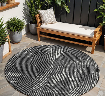 Tabselect Home Line 8' Black And Ivory Round Geometric Washable Indoor Outdoor Area Rug