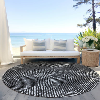 Tabselect Home Line 8' Black And Ivory Round Geometric Washable Indoor Outdoor Area Rug