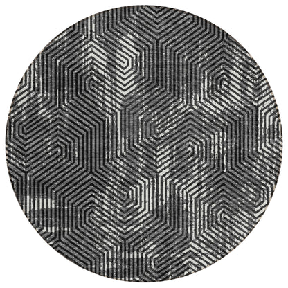 Tabselect Home Line 8' Black And Ivory Round Geometric Washable Indoor Outdoor Area Rug