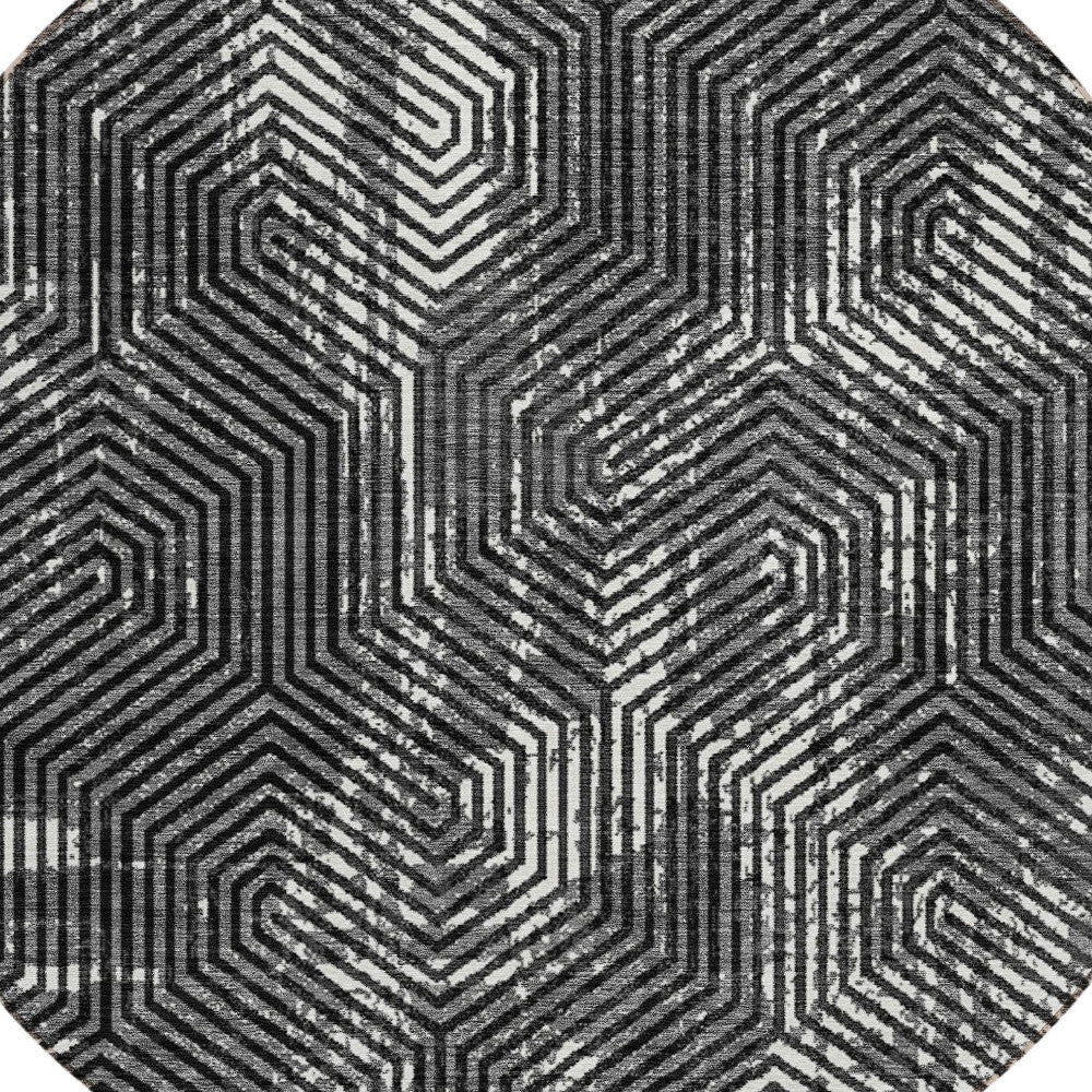 Tabselect Home Line 8' Black And Ivory Round Geometric Washable Indoor Outdoor Area Rug
