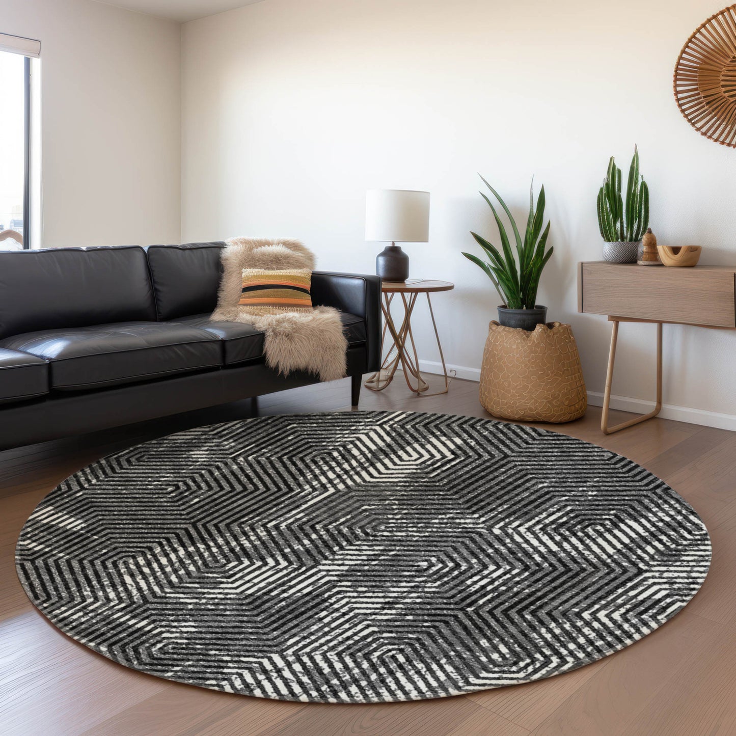 Tabselect Home Line 8' Black And Ivory Round Geometric Washable Indoor Outdoor Area Rug