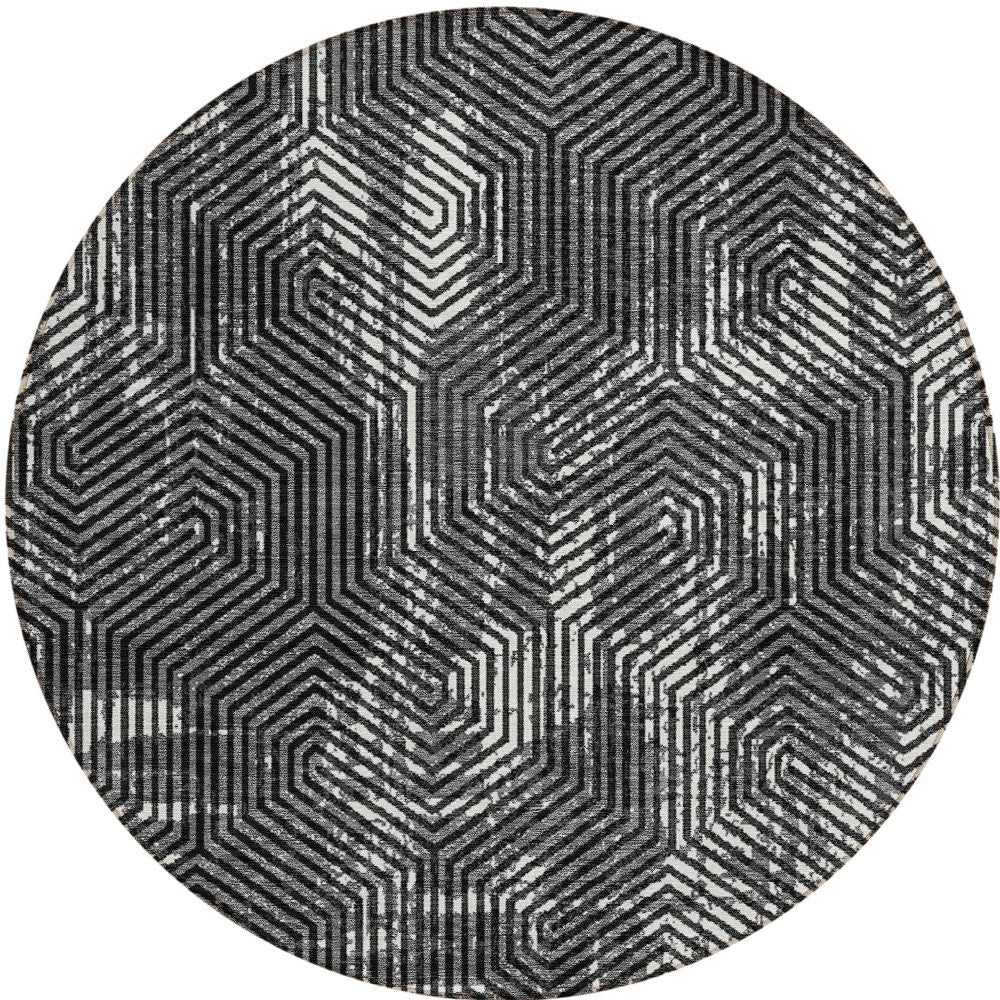 Tabselect Home Line 8' Black And Ivory Round Geometric Washable Indoor Outdoor Area Rug