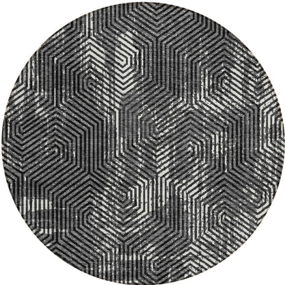 Tabselect Home Line 8' Black And Ivory Round Geometric Washable Indoor Outdoor Area Rug