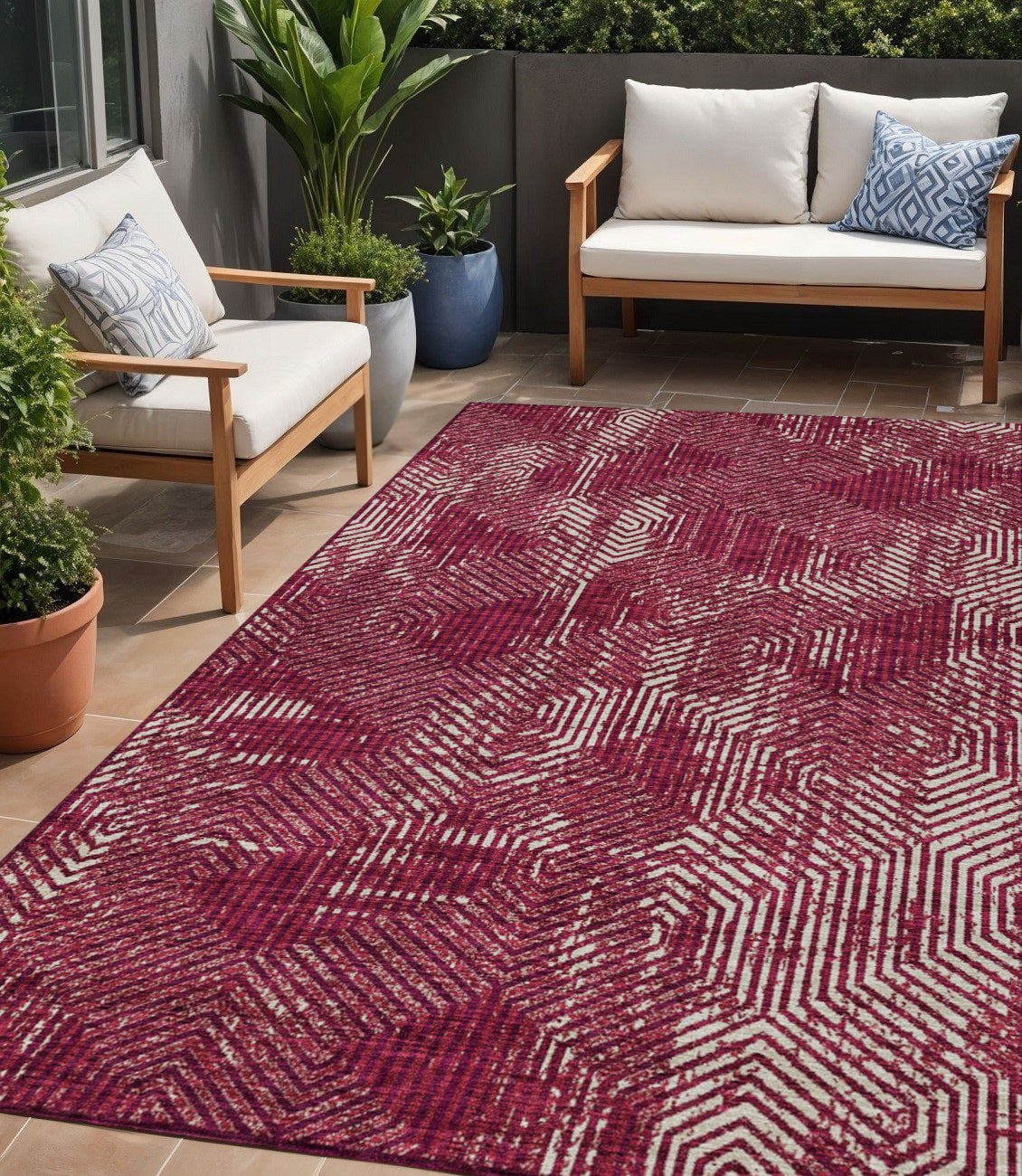Tabselect Home Line 5' X 8' Burgundy And Ivory Geometric Washable Indoor Outdoor Area Rug