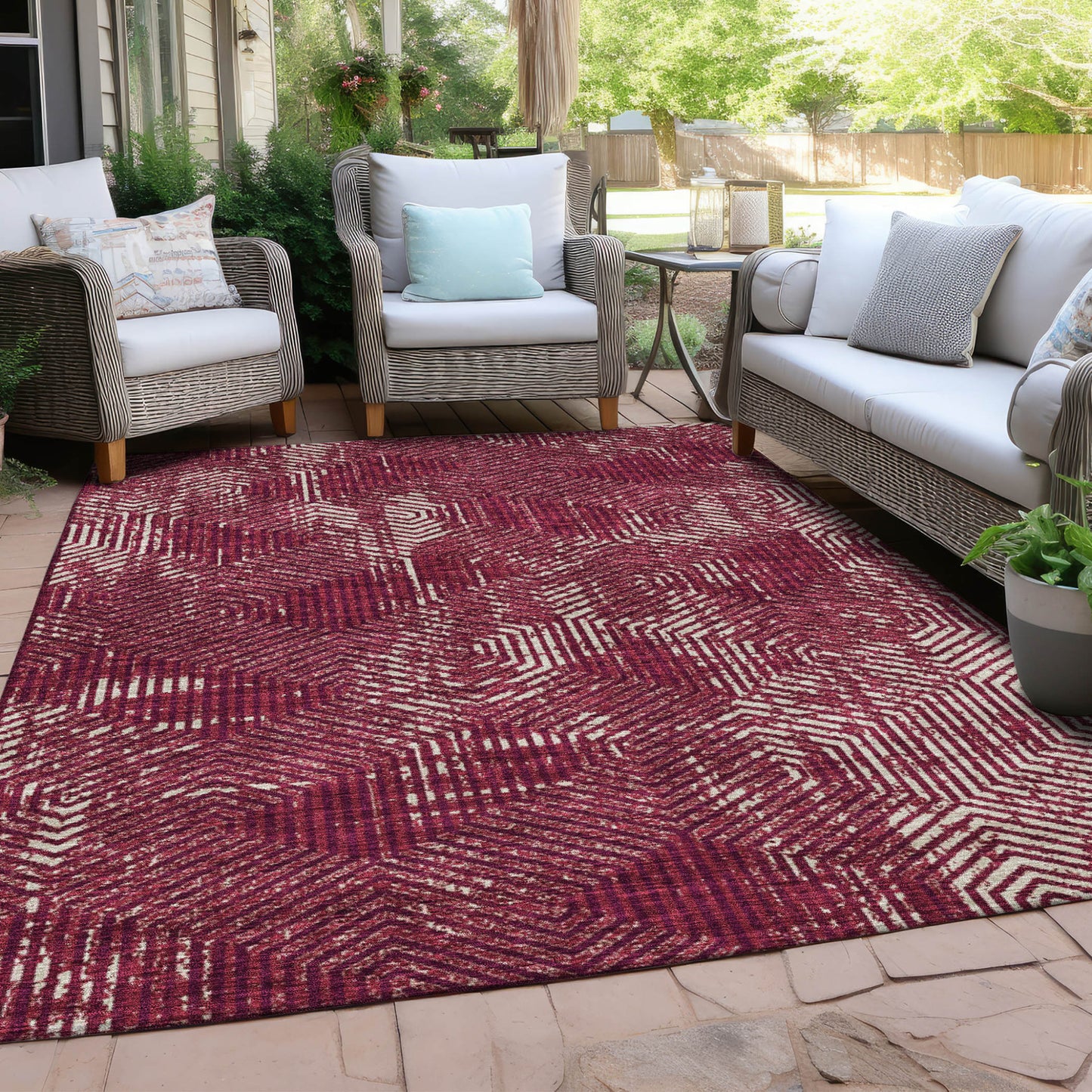 Tabselect Home Line 5' X 8' Burgundy And Ivory Geometric Washable Indoor Outdoor Area Rug