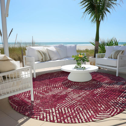 Tabselect Home Line 8' Burgundy And Ivory Round Geometric Washable Indoor Outdoor Area Rug
