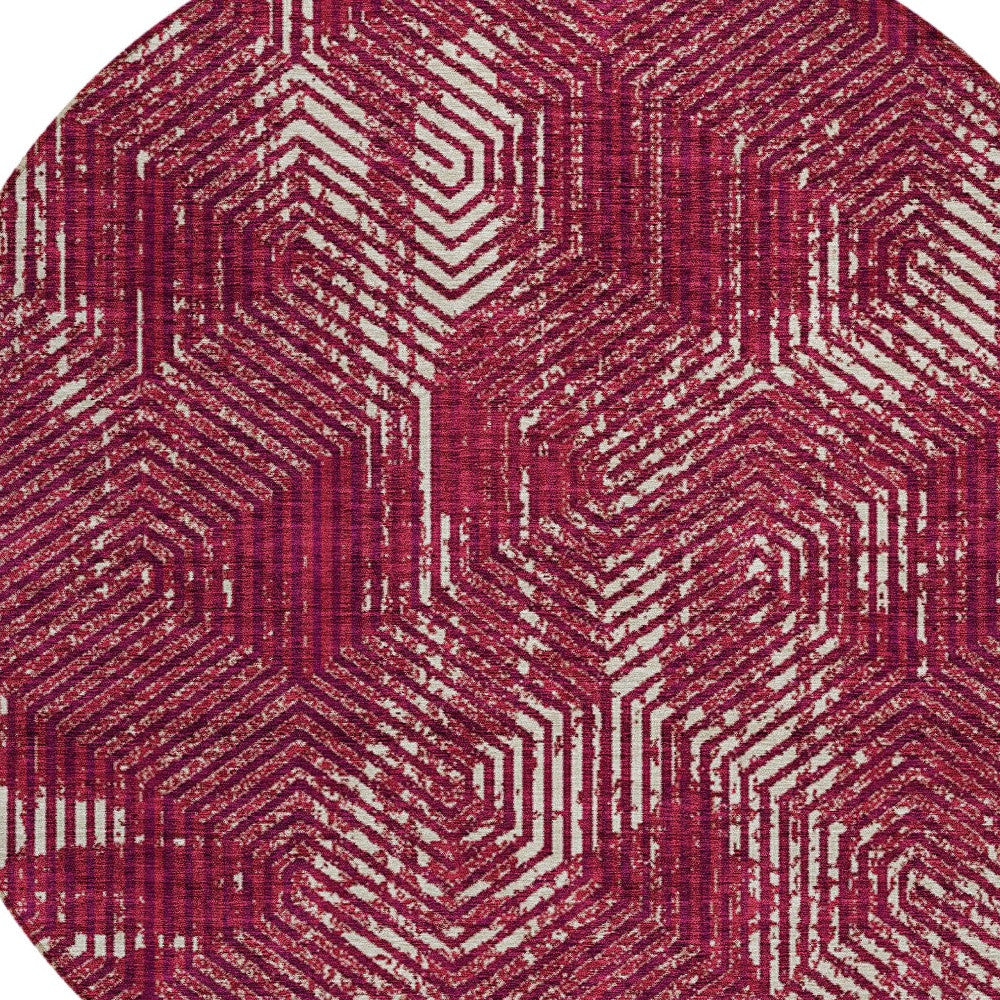 Tabselect Home Line 8' Burgundy And Ivory Round Geometric Washable Indoor Outdoor Area Rug