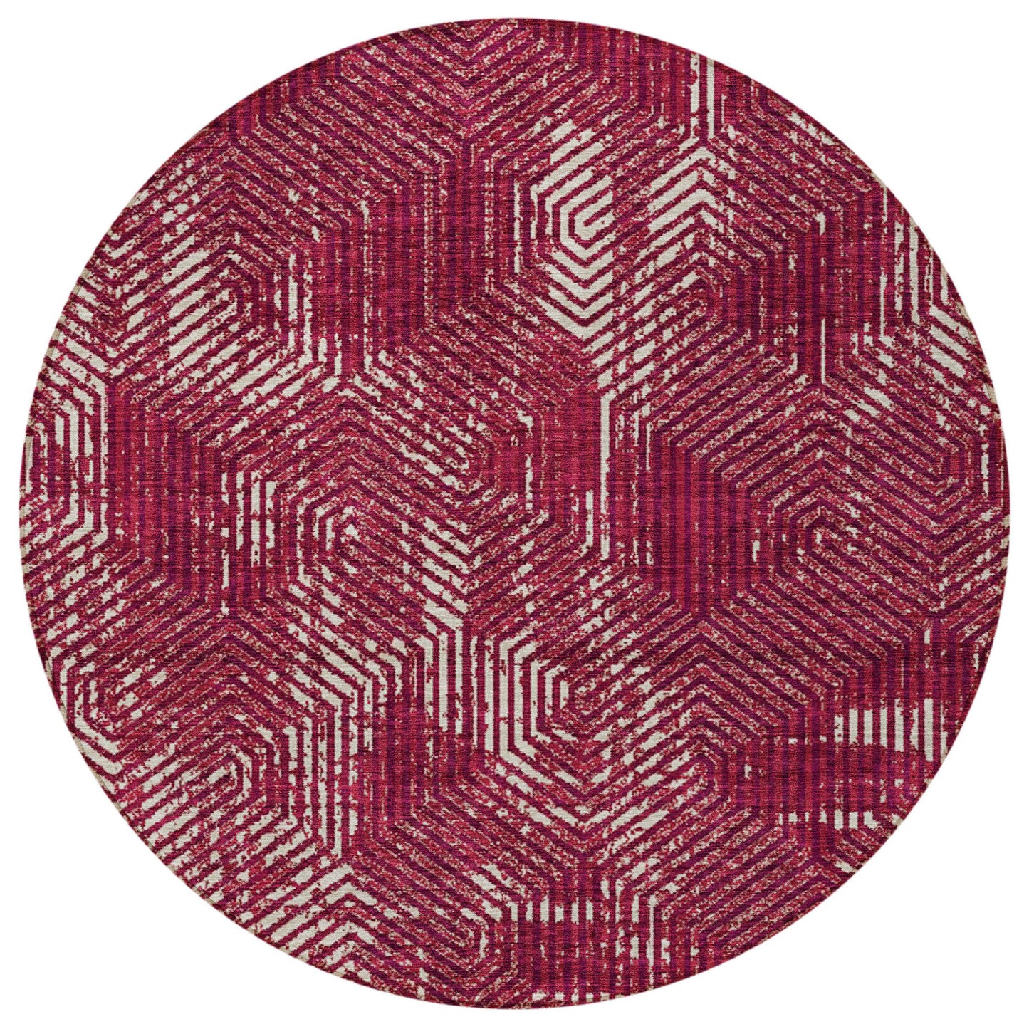Tabselect Home Line 8' Burgundy And Ivory Round Geometric Washable Indoor Outdoor Area Rug