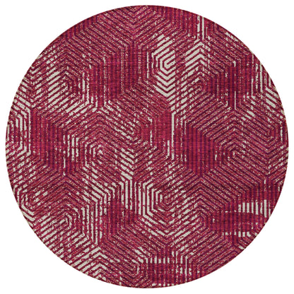 Tabselect Home Line 8' Burgundy And Ivory Round Geometric Washable Indoor Outdoor Area Rug