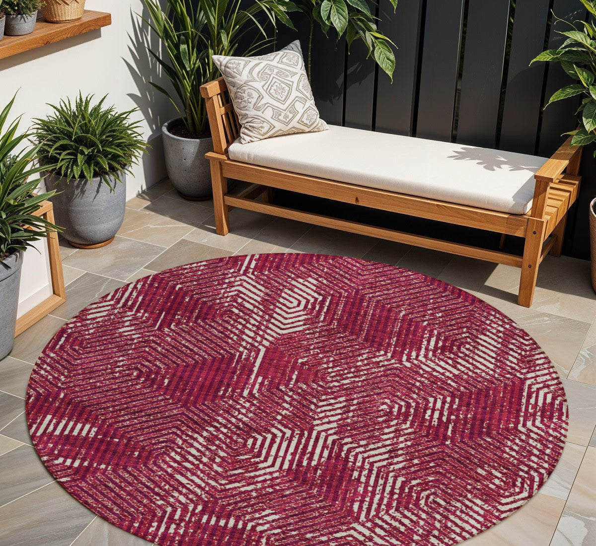 Tabselect Home Line 8' Burgundy And Ivory Round Geometric Washable Indoor Outdoor Area Rug