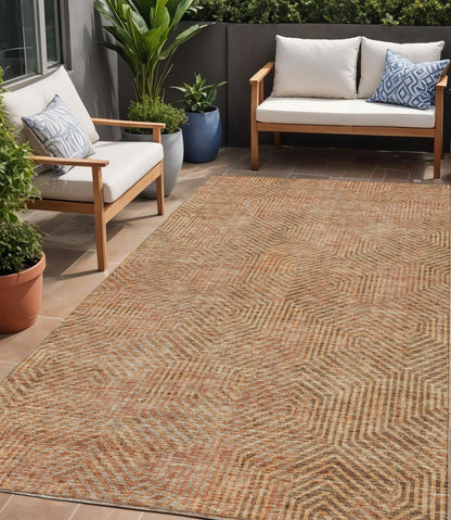Tabselect Home Line 5' X 8' Copper Brown And Beige Geometric Washable Indoor Outdoor Area Rug