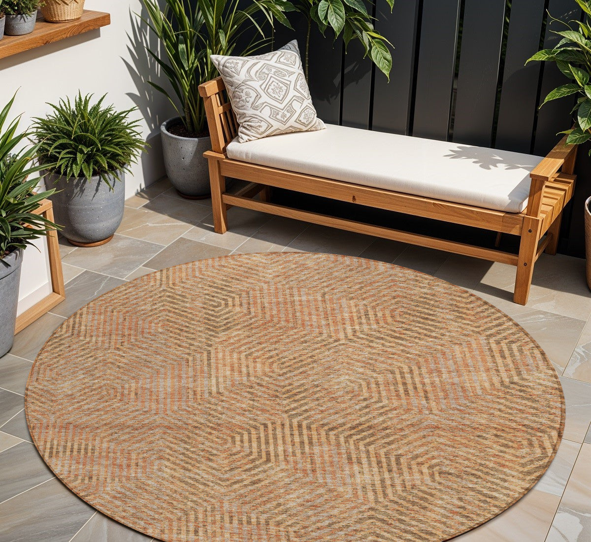Tabselect Home Line 8' Copper Brown And Beige Round Geometric Washable Indoor Outdoor Area Rug