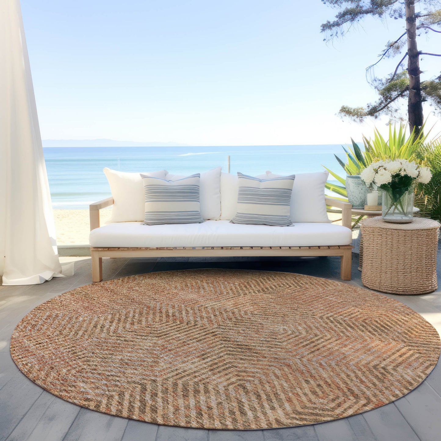 Tabselect Home Line 8' Copper Brown And Beige Round Geometric Washable Indoor Outdoor Area Rug