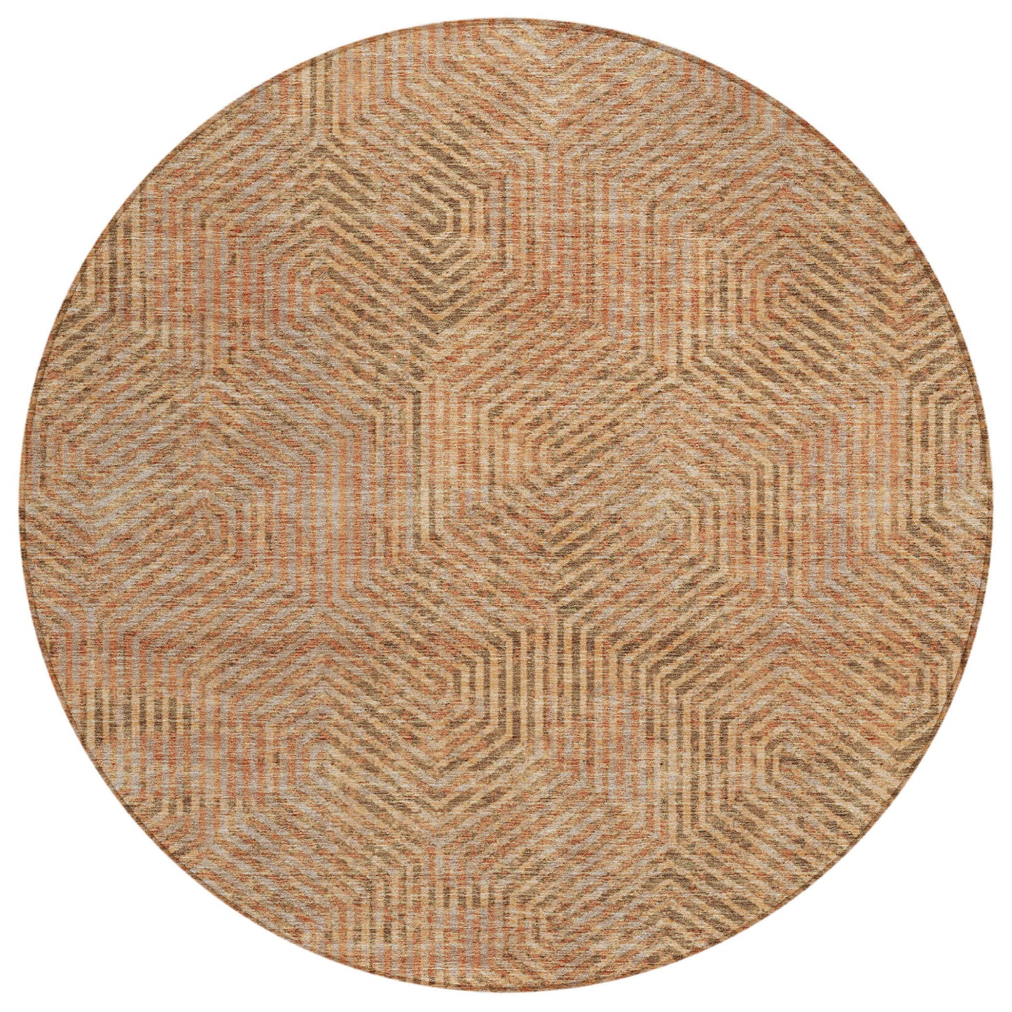 Tabselect Home Line 8' Copper Brown And Beige Round Geometric Washable Indoor Outdoor Area Rug