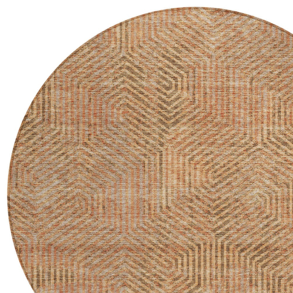 Tabselect Home Line 8' Copper Brown And Beige Round Geometric Washable Indoor Outdoor Area Rug