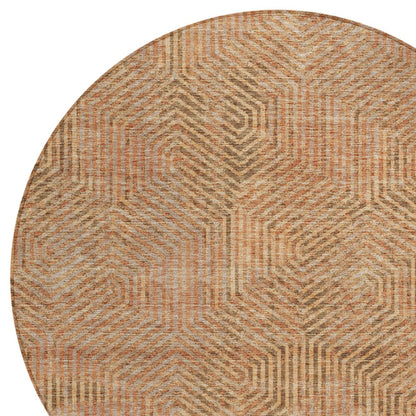 Tabselect Home Line 8' Copper Brown And Beige Round Geometric Washable Indoor Outdoor Area Rug