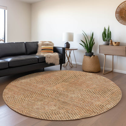 Tabselect Home Line 8' Copper Brown And Beige Round Geometric Washable Indoor Outdoor Area Rug
