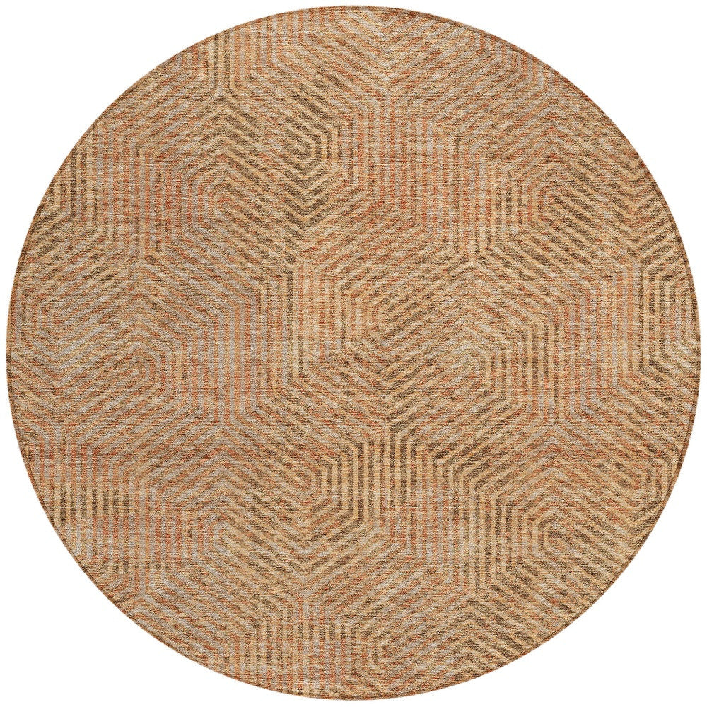 Tabselect Home Line 8' Copper Brown And Beige Round Geometric Washable Indoor Outdoor Area Rug