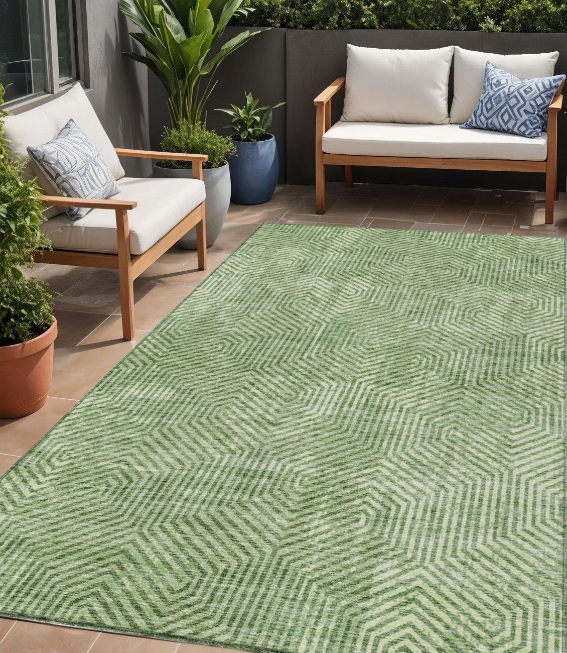 Tabselect Home Line 5' X 8' Green And Light Green Geometric Washable Indoor Outdoor Area Rug